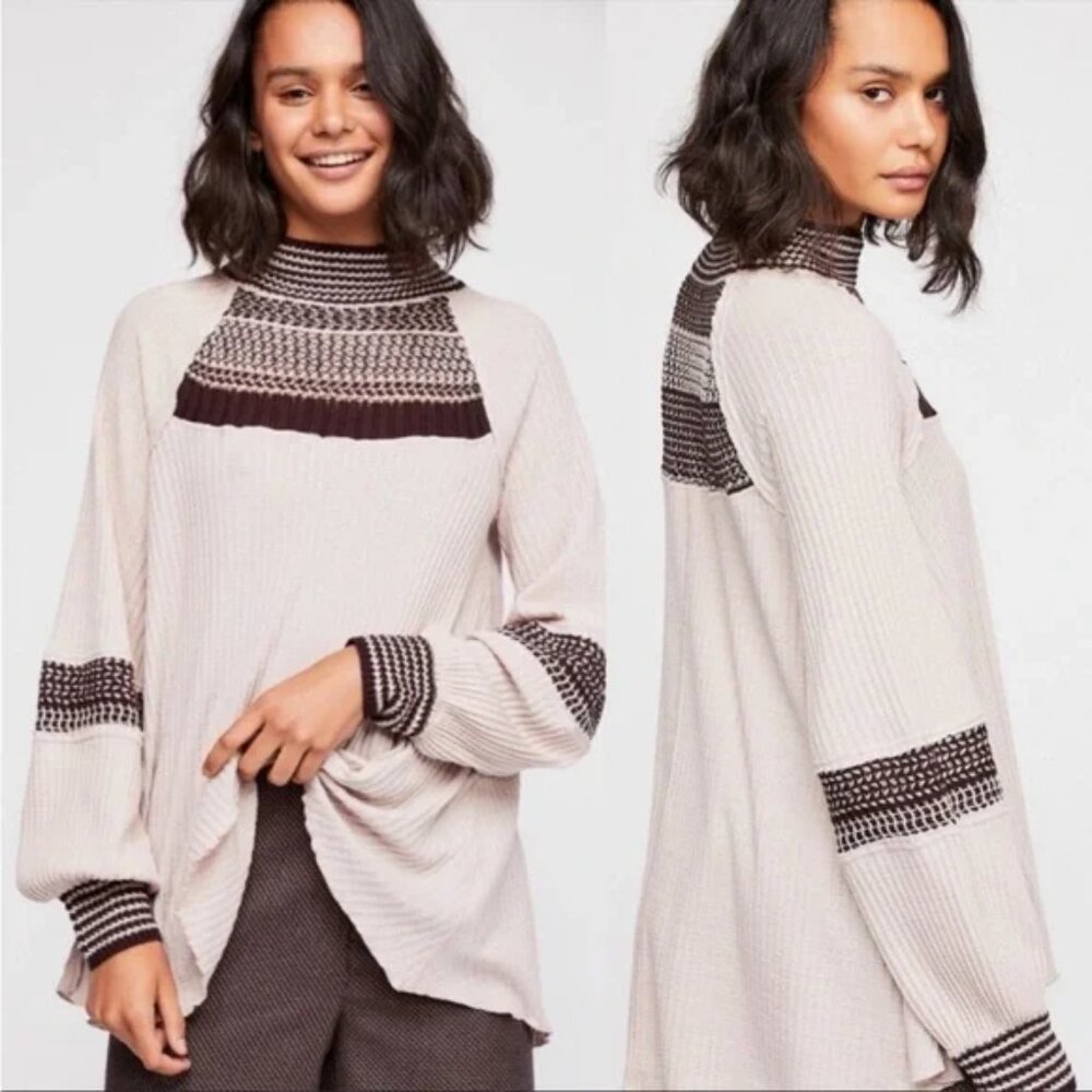 FREE PEOPLE Sweater Womens Small Snow Day Thermal‎ Taupe Purple Knit Mock Neck